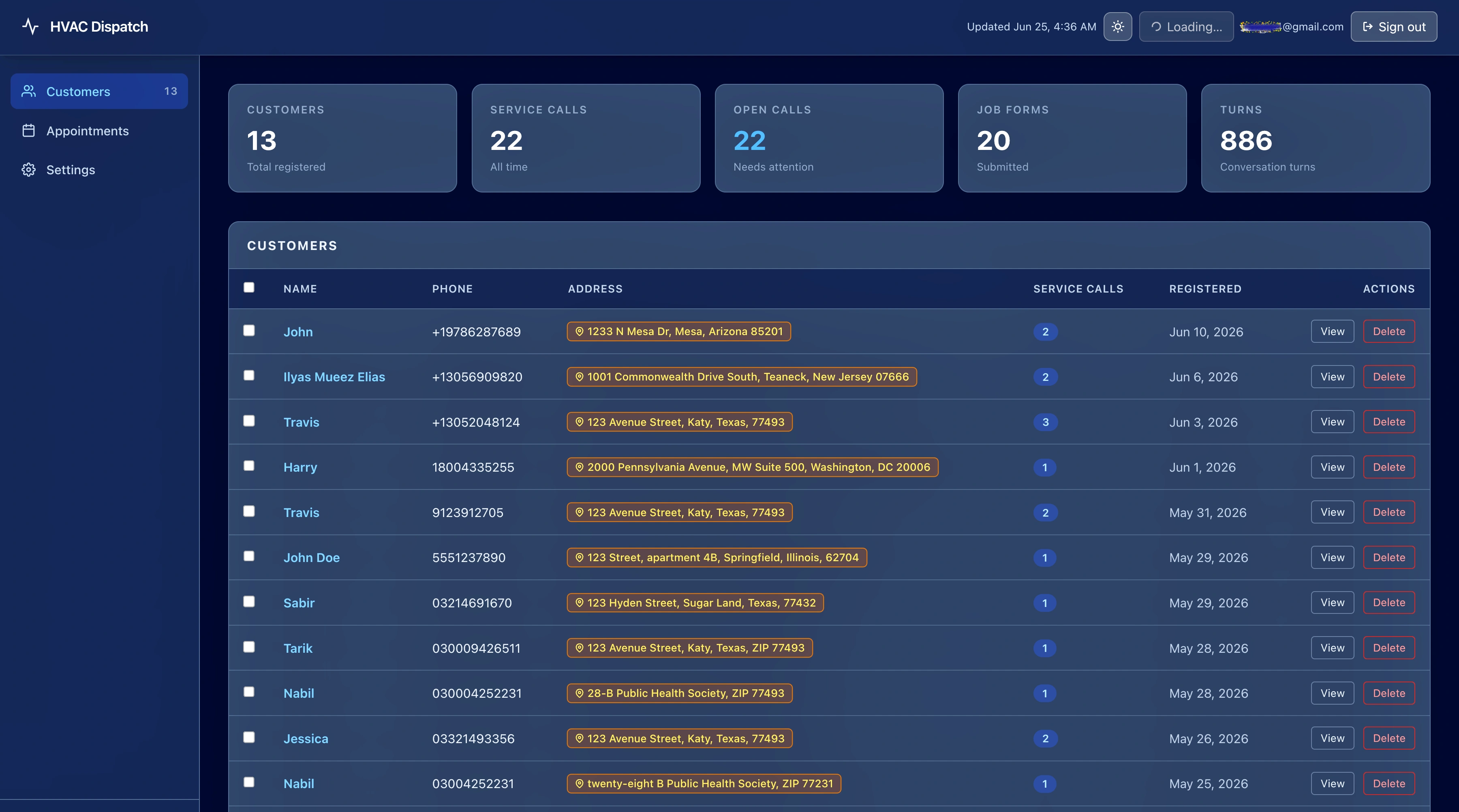 Klisi customer dashboard showing 13 customers, 22 service calls and key metrics