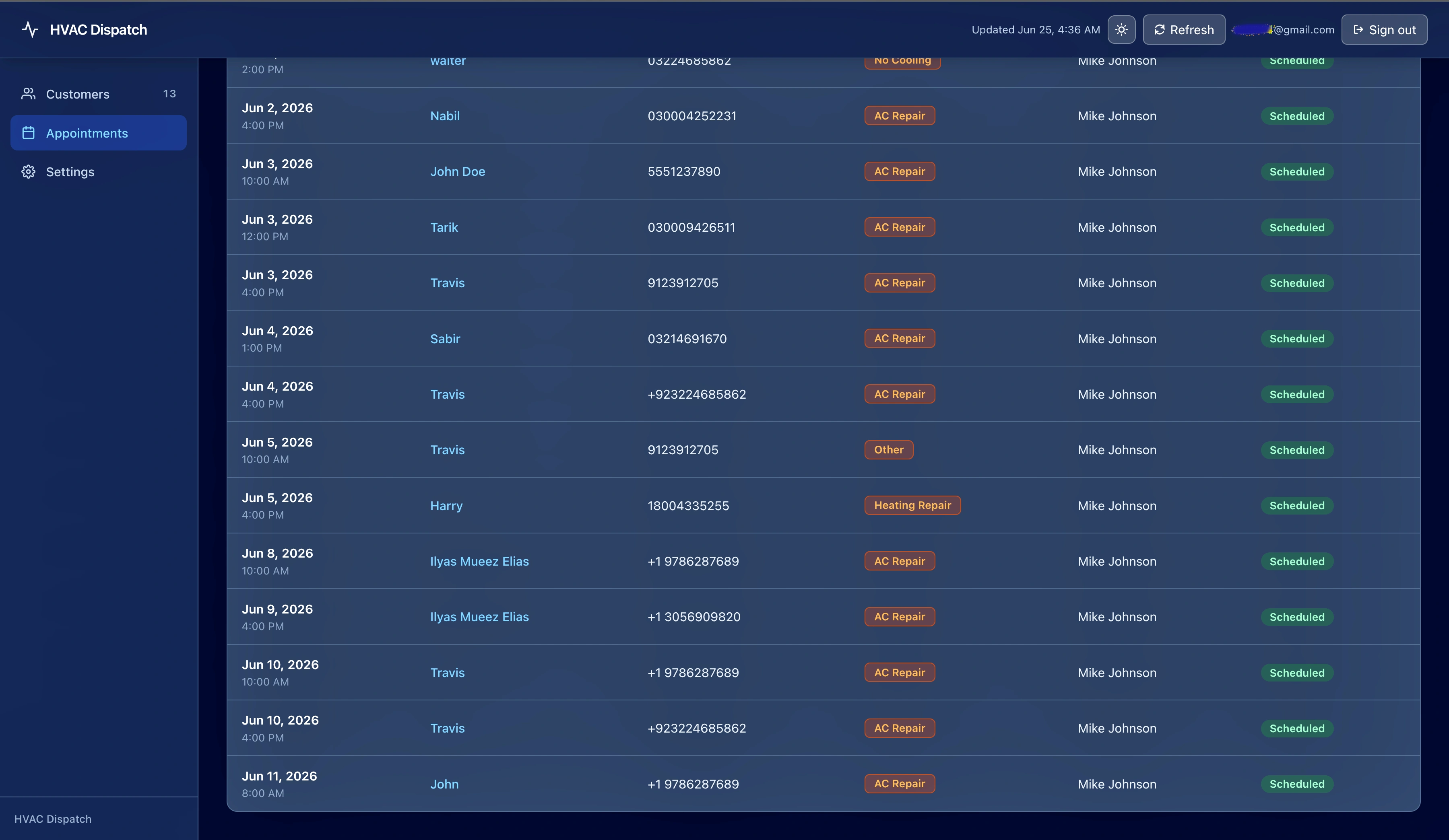 Appointments view showing scheduled jobs with customer names, job types and technician assignments