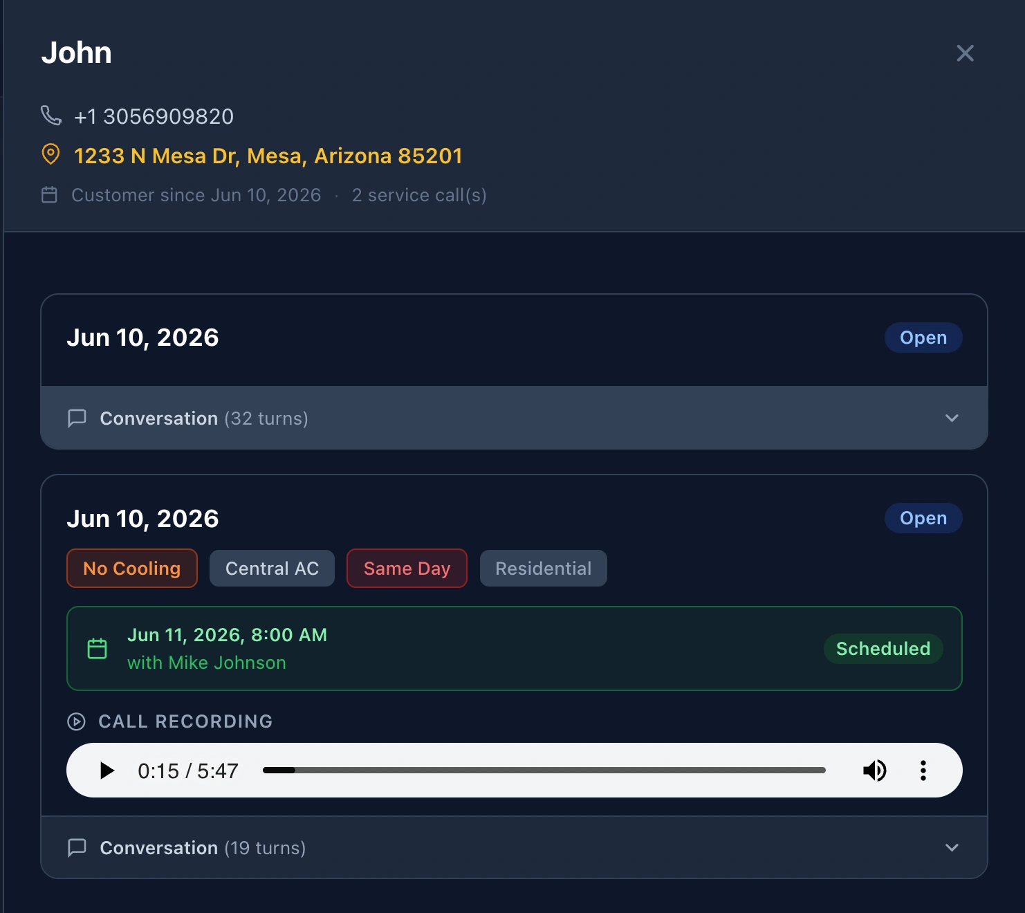 Customer detail showing job tags, scheduled appointment and call recording player