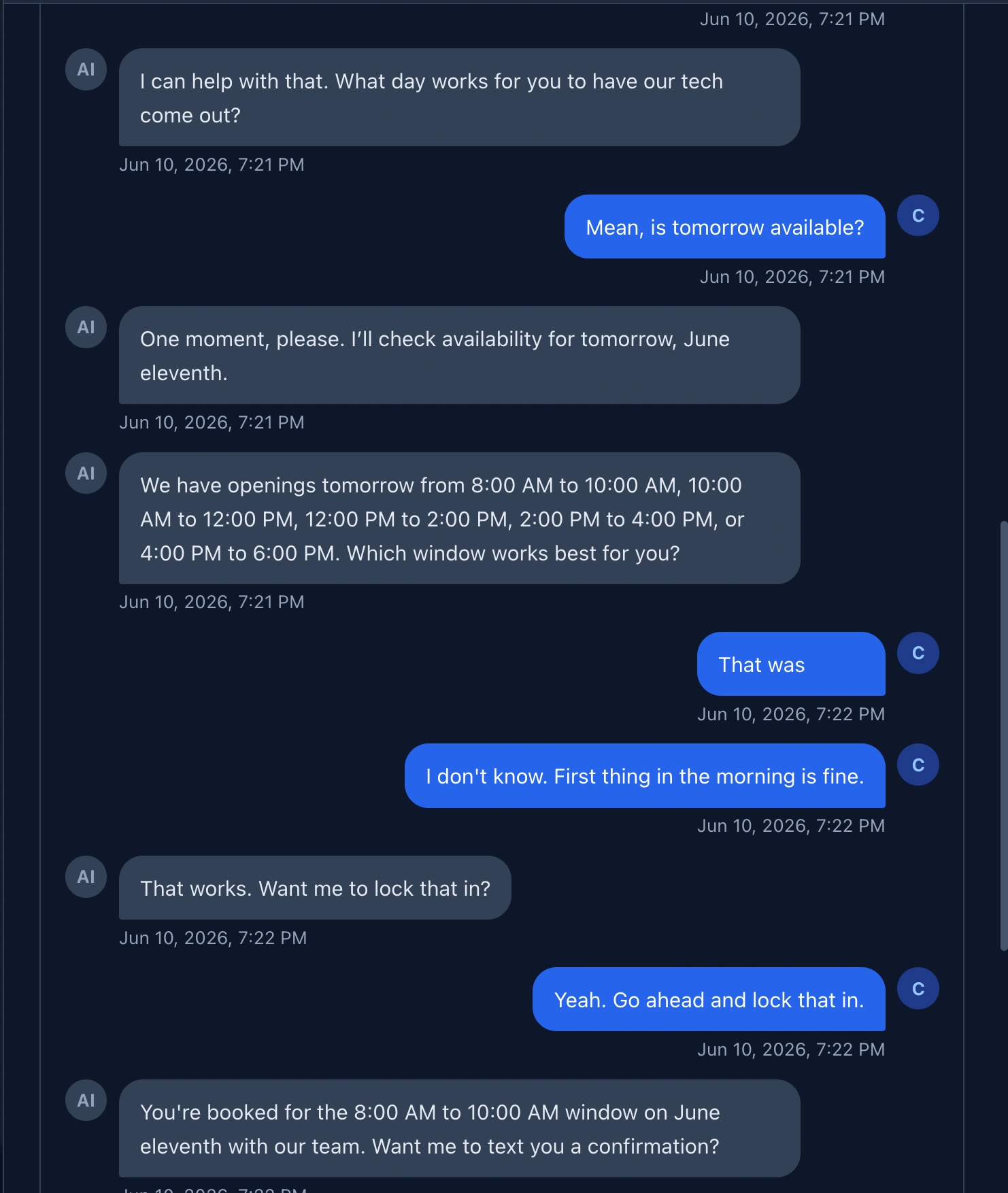 Full call transcript showing the conversation between Klisi AI and the customer